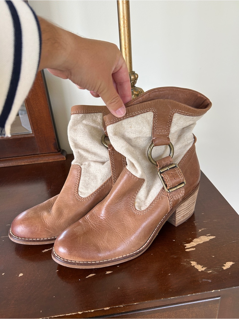Lucky Brand Brown Leather and Cream Canvas Ankle Booties
